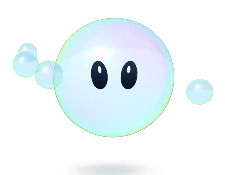 Marlos, a round glass bubble character with two dark eyes and four small bubbles around him